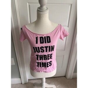 VTG Y2K “I Did Justin Three Times” Tee Pink Small Off Shoulder Boy Band UK Tee